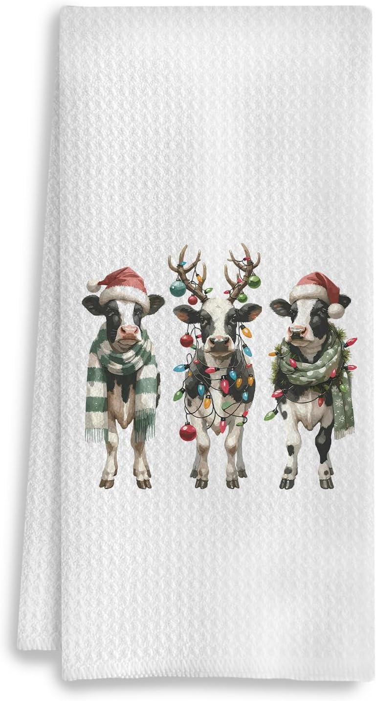 COWEB Christmas Cow Kitchen Towels, Funny Cow Decorative Hand Towels for Bathroom, Cows Gifts for Woman Cows Lovers, Christmas Tea Towels Dish Towels Kitchen Decor, 16x24 Inch - Image 1